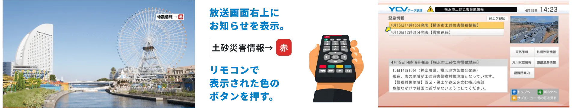 緊急時に放送画面右上にお知らせを表示します。リモコンで表示された色のボタンを押すとデーら放送をご覧になれます。