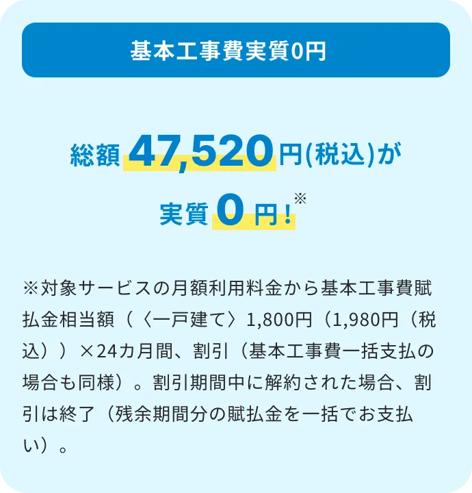 総額47,520円(税込)が実質0円 ※対象サービスの月額利用料金から基本工事費賦払金相当額（〈一戸建て〉1,800円（1,980円（税込））×24カ月間、〈集合住宅〉1,400円（1,540円（税込））×12カ月間、2年長期契約は700円（770円（税込））×24カ月間）割引（基本工事費一括支払の場合も同様）。割引期間中に解約された場合、割引は終了（残余期間分の賦払金を一括でお支払い）。