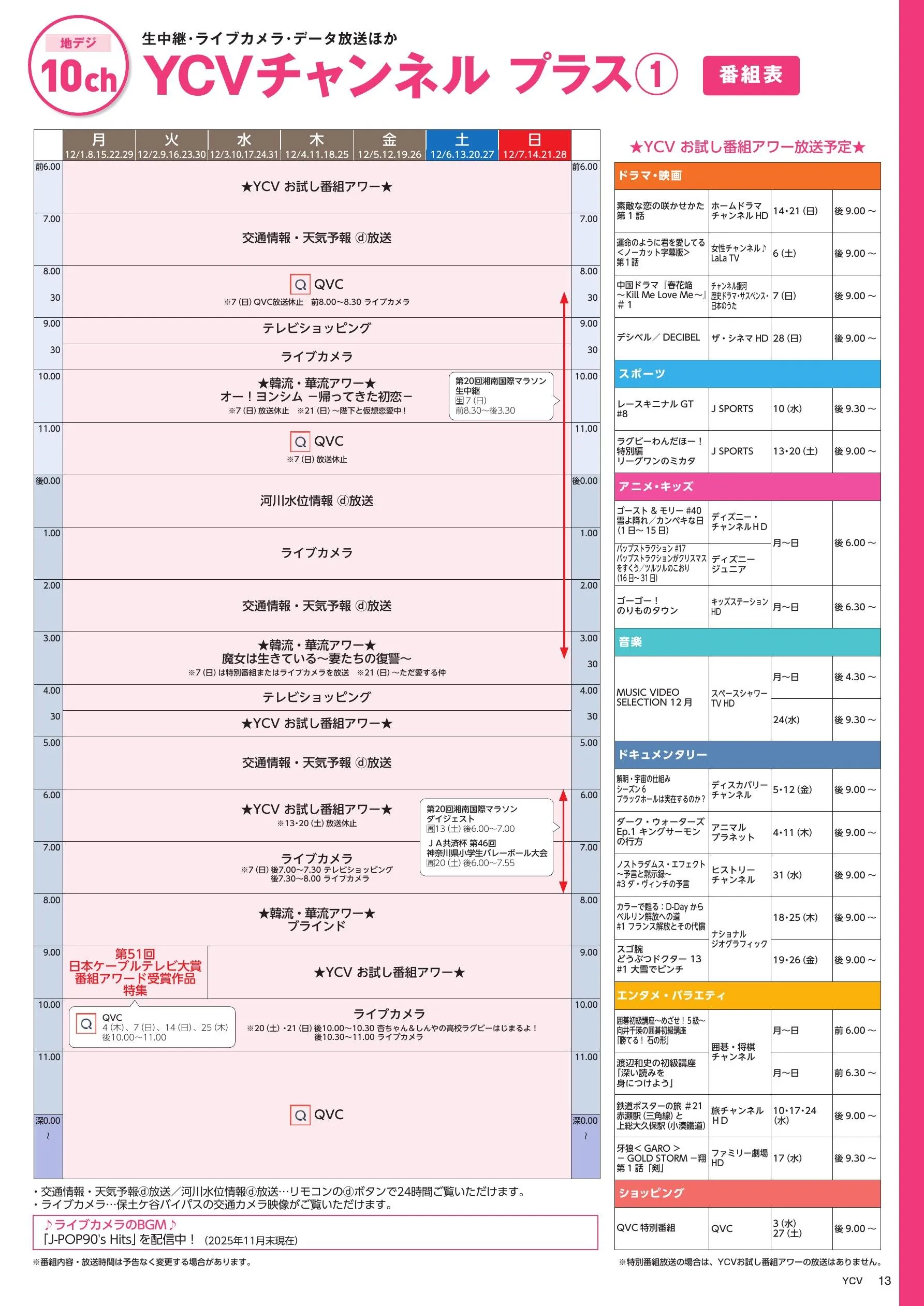 YCVチャンネル プラス番組表